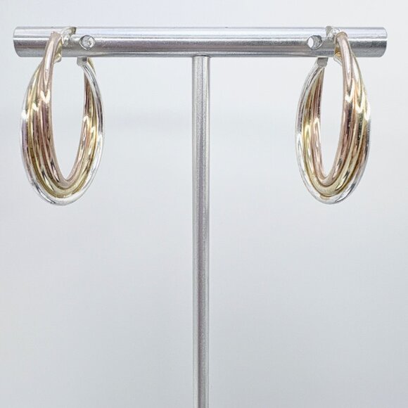VTG Sterling Silver 925 Tri Tone Triple Hoop Earrings Hinged Post 1.25" Diameter - Picture 1 of 9